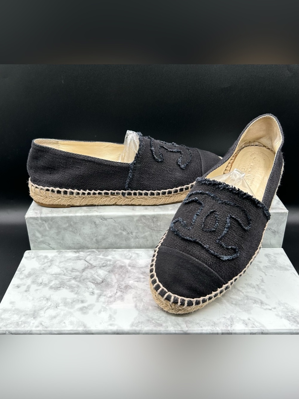 CHANEL Black Espadrille Flats with Braided Jute Sole